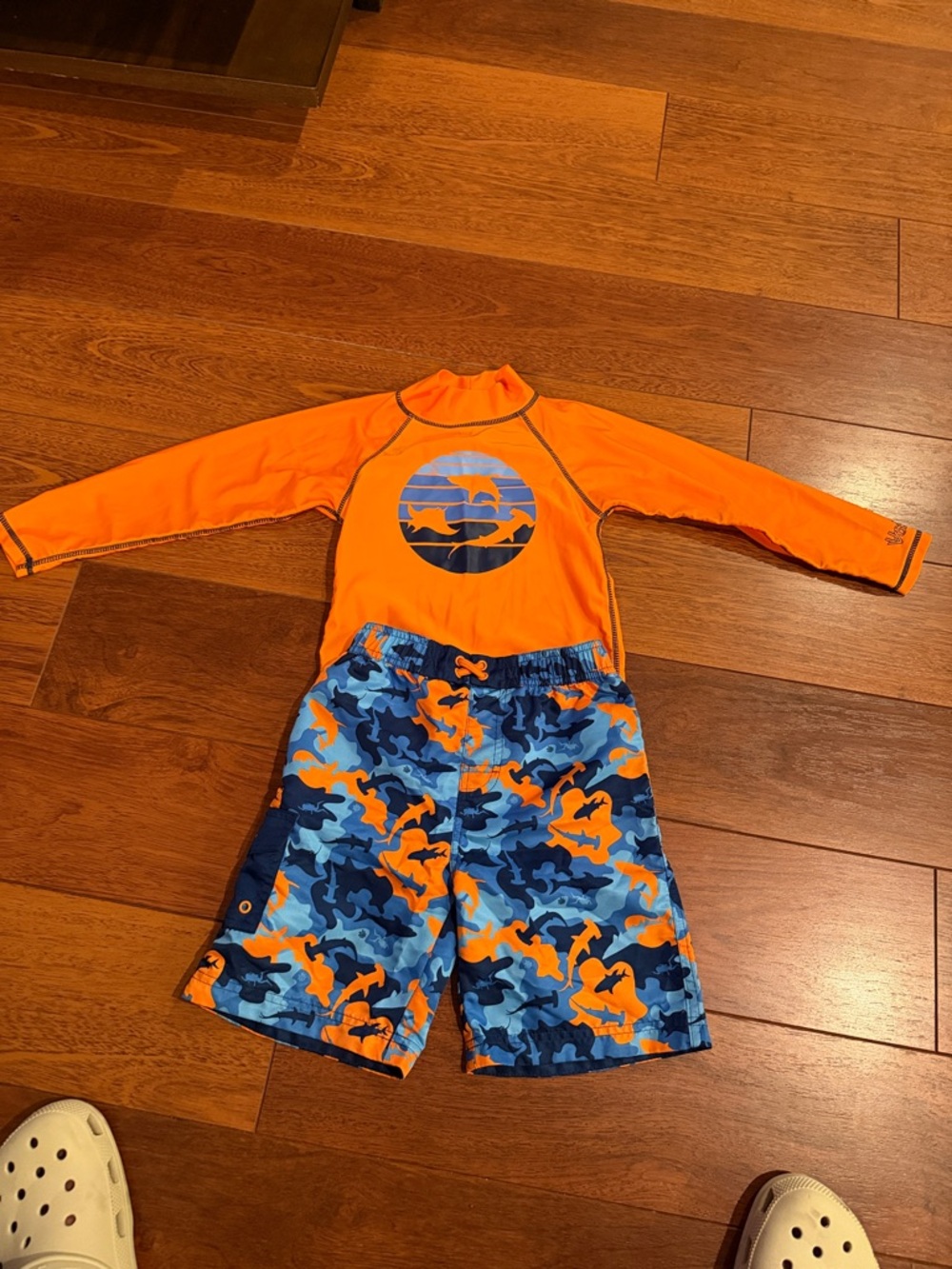 Kids Orange Long-Sleeve Rashguard Set with Blue & Orange Camo Boardshorts